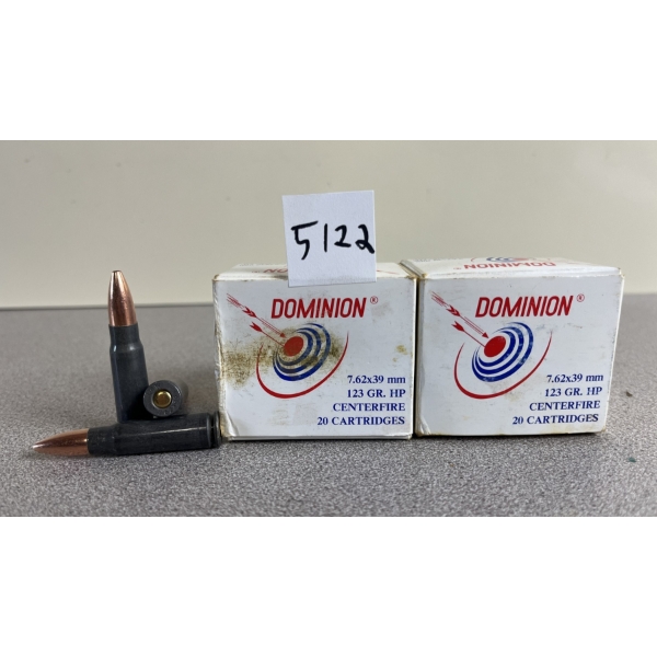 AMMO: 40X DOMINION 7.62X39 123GR. HOLLOWPOINT 
