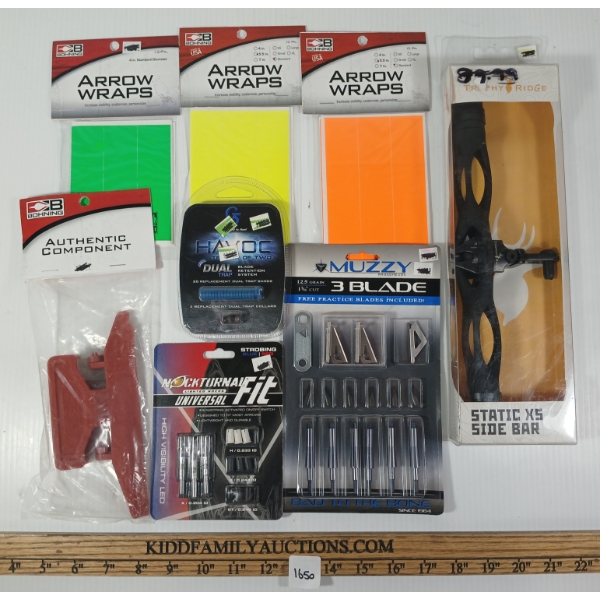 LOT OF 8 - TROPHY RIDGE STATIC X5 SIDE BAR, MUZZY BROADHEADS, LIGHTED NOCKS, ETC