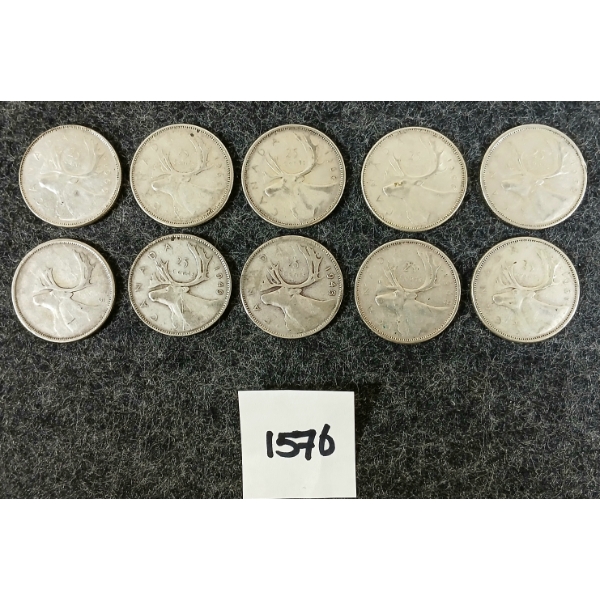 LOT OF 10 - 1943-1966 CDN 25 CENT SILVER COINS
