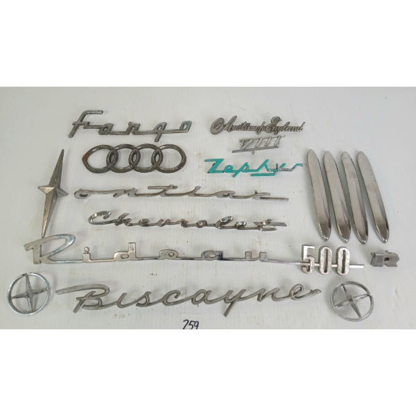 QTY OF HOOD ORNAMENTS & CAR DECALS - INCL ZEPHYR, BISCAYNE, AUDI, ETC
