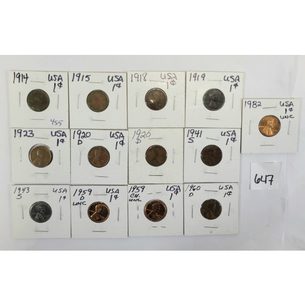 LOT OF 13 - U.S. LINCOLN HEAD PENNIES - INCL 1914, 1915, 1918 & 1919 ETC