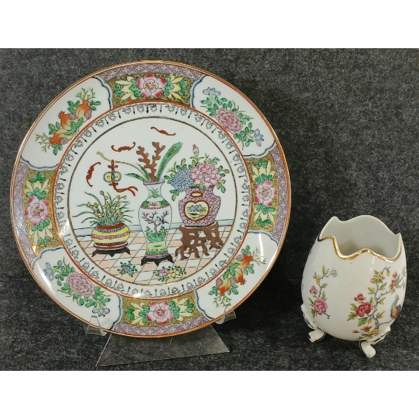 LOT OF 2 - LIMOGES MURMAC FOOTED PORCELAIN EGG VASE & CHINESE PORCELAIN PLATE - CIRCA 1940s - 1960s