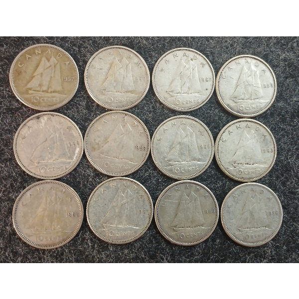 LOT OF 12 - 1953-1966 CDN 10 CENT COINS