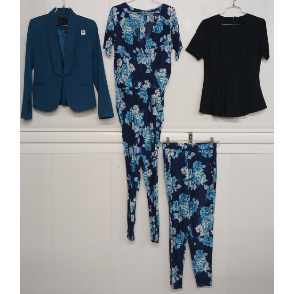 LOT OF 4 - WOMEN'S MINIMUM BLUE FLORAL ABBEY JUMPSUIT, AVIVA PANTS, MARIAL TOP & DONATELLA BLAZER