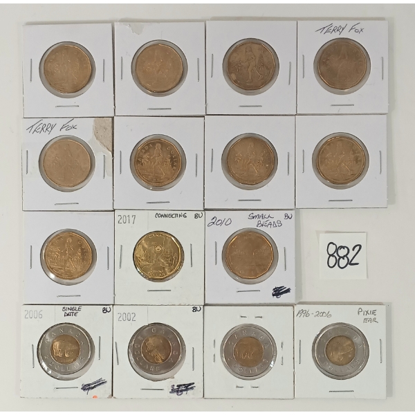 LOT OF 15 - 2002-2017 CDN 1 & 2 DOLLAR COINS - INCL TERRY FOX
