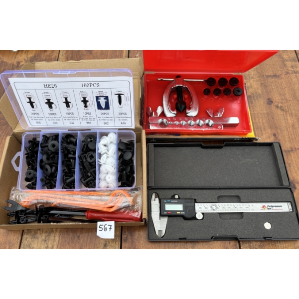 LOT OF 3 - DIGITAL CALIPER, FLARING TOOL & AUTO TRIM PLUGS