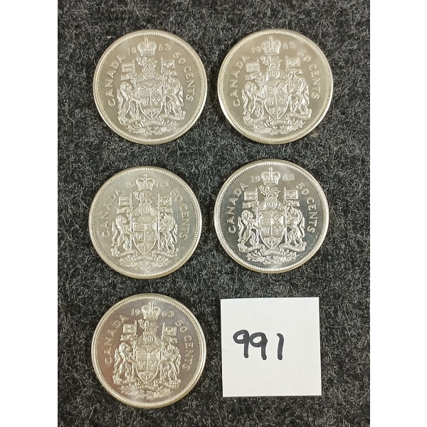 LOT OF 5 - 1963 CDN 50 CENT SILVER COINS
