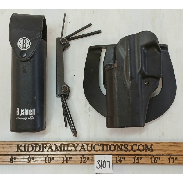 LOT OF 3 - BLACKHAWK & BUSHNELL HOLSTERS W/ MULTI-TOOL