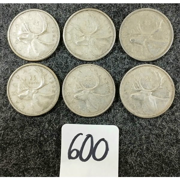 LOT OF 6 - 1957-1966 CDN 25 CENT COINS