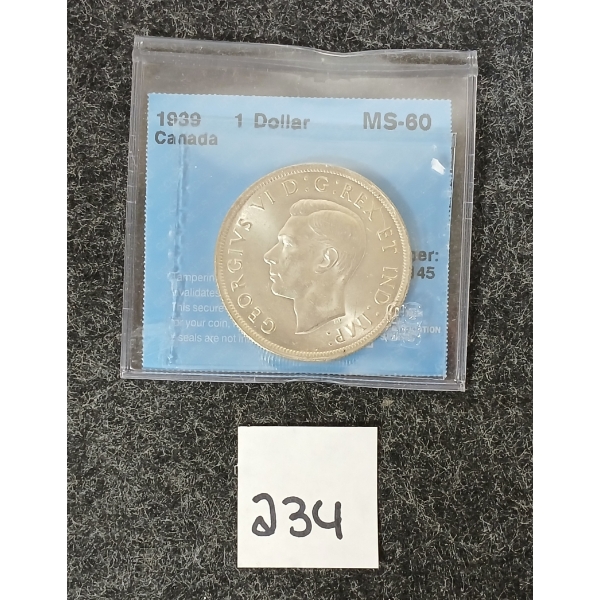 1939 CDN SILVER $1 COIN - CCCS GRADED - MS-60