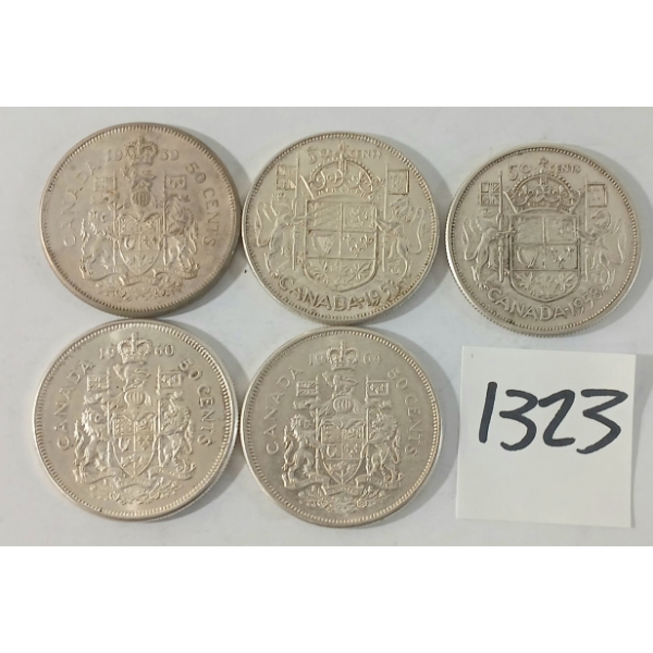 LOT OF 5 - 1953-1964 CDN 50 CENT SILVER COINS