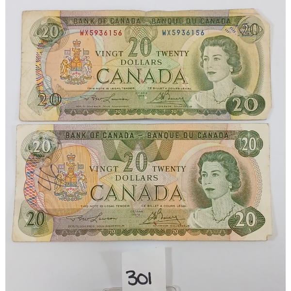 LOT OF 2 - 1969 & 1979 CDN $20 BANKNOTES