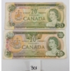Image 1 : LOT OF 2 - 1969 & 1979 CDN $20 BANKNOTES