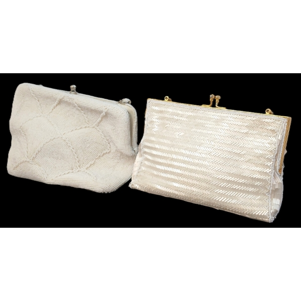 LOT OF 2 - WHITE BEADED CLUTCH HANDBAGS