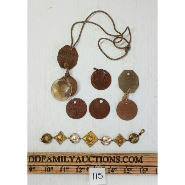 LOT OF 6 - WWI & II DOG TAGS, FOUR LEAF CLOVER CHARM  & ARTILLERY BUTTON BRACELET