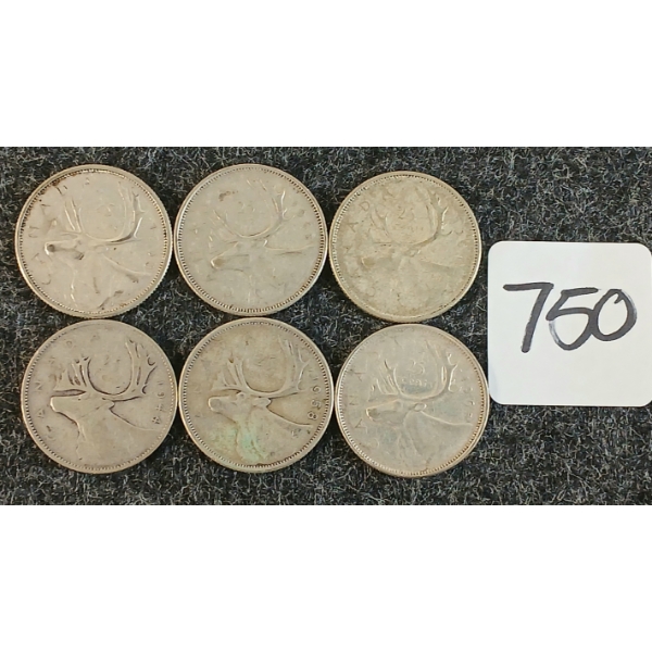 LOT OF 6 - 1944-1965 CDN 25 CENT COINS