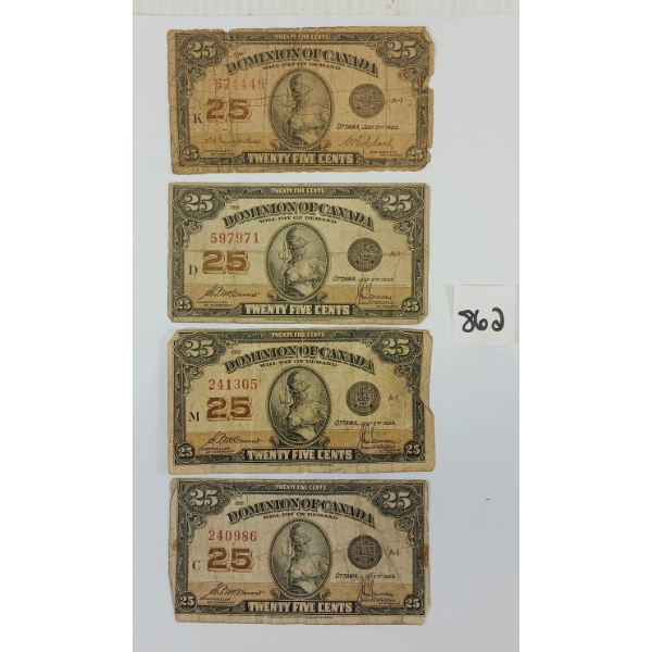 LOT OF 4 - 1923 DOMINION OF CANADA 25 CENT SHINPLASTERES