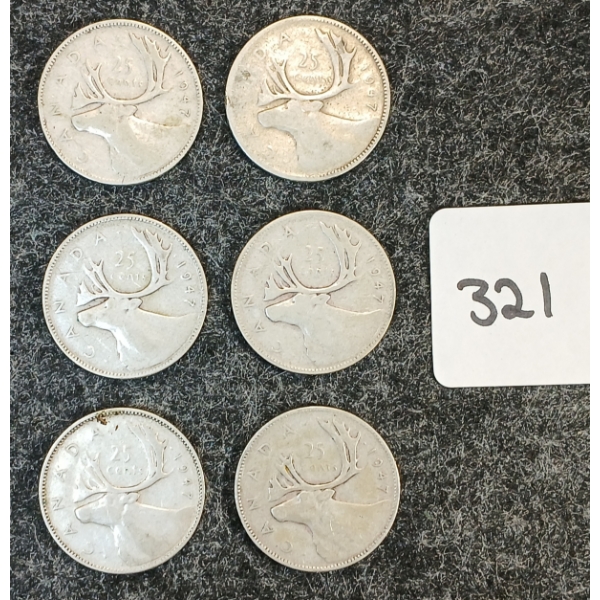 LOT OF 6 - 1947 CDN 25 CENT COINS 