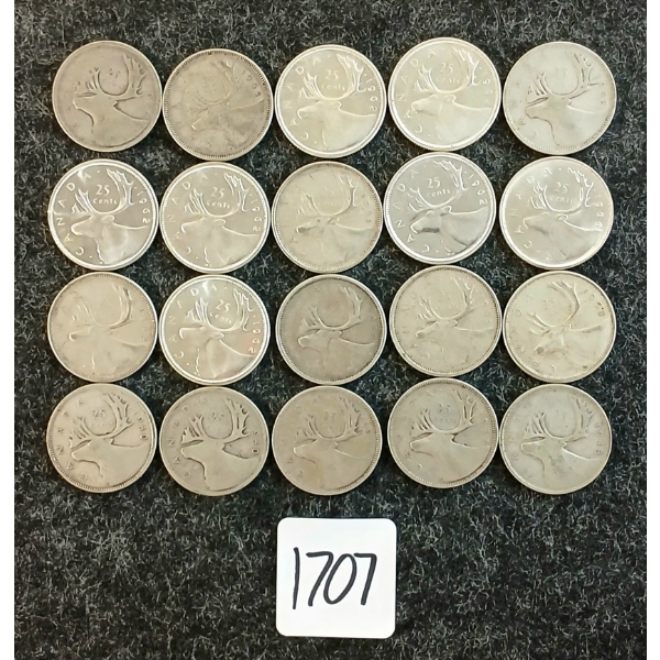 LOT OF 20 - 1937-1966 CDN 25 CENT COINS