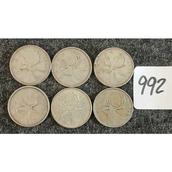 LOT OF 6 - 1950-1966 CDN 25 CENT COINS