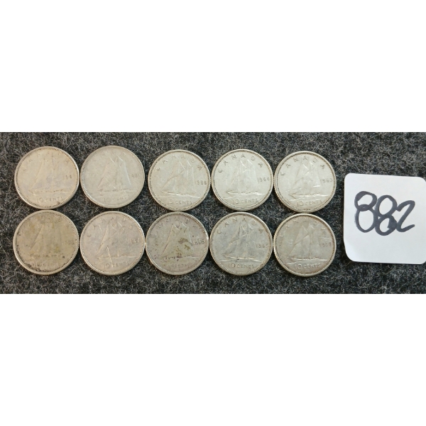 LOT OF 10 - 1945-1966 CDN 10 CENT COINS