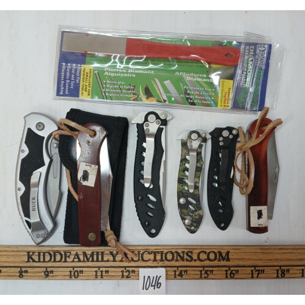 LOT OF 7 - FOLDING KNIVES & SHARPENING TOOL