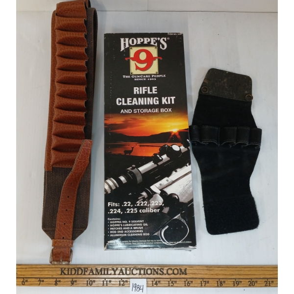 LOT OF 3 - HOPPE'S 9 RIFLE CLEANING KIT / STORAGE BOX, SHELL HOLDER ARM BAND & BELT