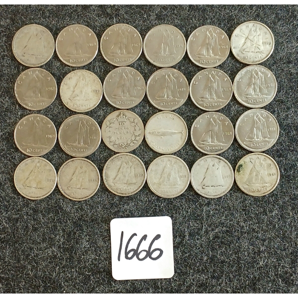 LOT OF 24 - 1914-1974 CDN 10 CENT COINS