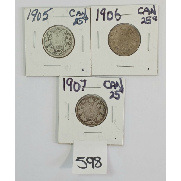 LOT OF 3 - 1905-1907 CDN 25 CENT SILVER COINS