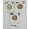 LOT OF 3 - 1905-1907 CDN 25 CENT SILVER COINS