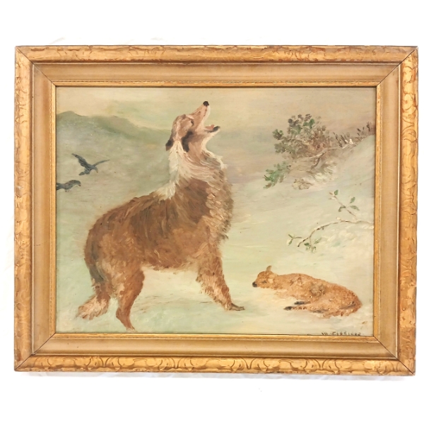 HERDING DOG & LOST LAMB BY M. CLARIDGE - FRAMED OIL ON BOARD