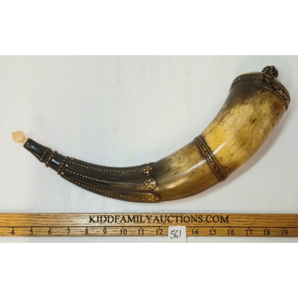 ORNATE POWDER HORN W/ IVORY DETAIL