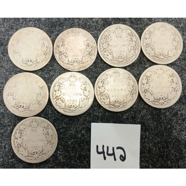 LOT OF 9 - 1902 & 1903 CDN SILVER 25 CENT PCS