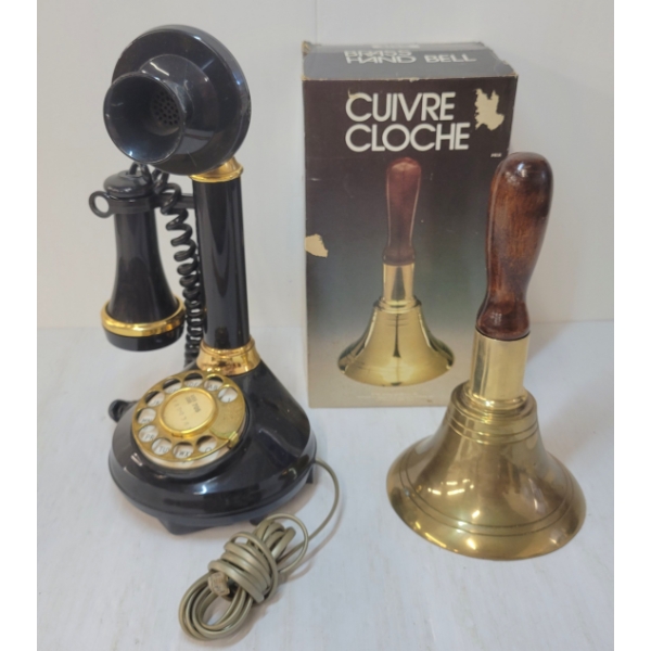 LOT OF 2 - CANDLESTICK ROTARY PHONE & BRASS HAND BELL