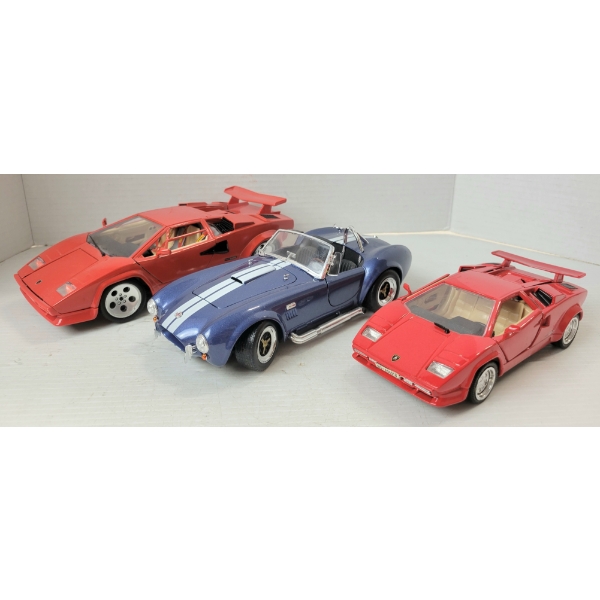 LOT OF 3 - BURAGO & ROAD LEGEND DIECAST MODELS - LAMBORGHINI COUNTACH & SHELBY COBRA