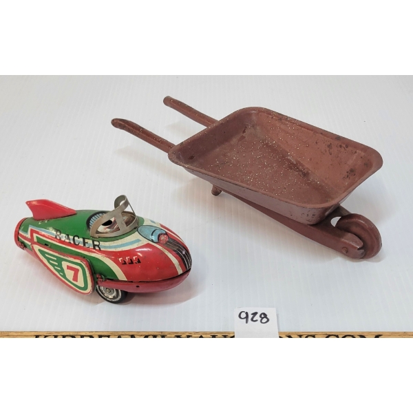 LOT OF 2 - TIN FRICTION RACER CAR & WHEELBARROW