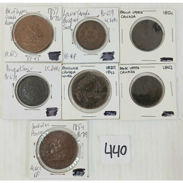 LOT OF 7 - 1942-1947 BANK OF UPPER & LOWER CANADA HALF & FULL PENNY TOKENS