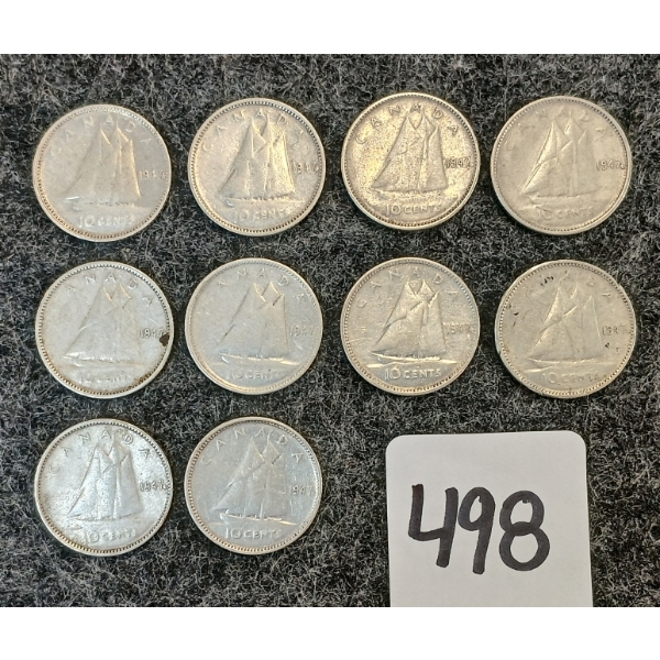 LOT OF 10 - 1947 CDN 10 CENT COINS