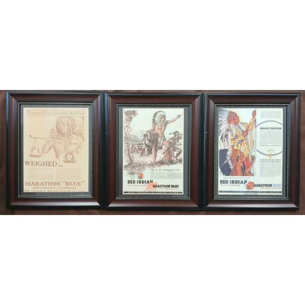 LOT OF 3 - FRAMED RED INDIAN MARATHON "BLUE" PAPER ADVERTISEMENTS