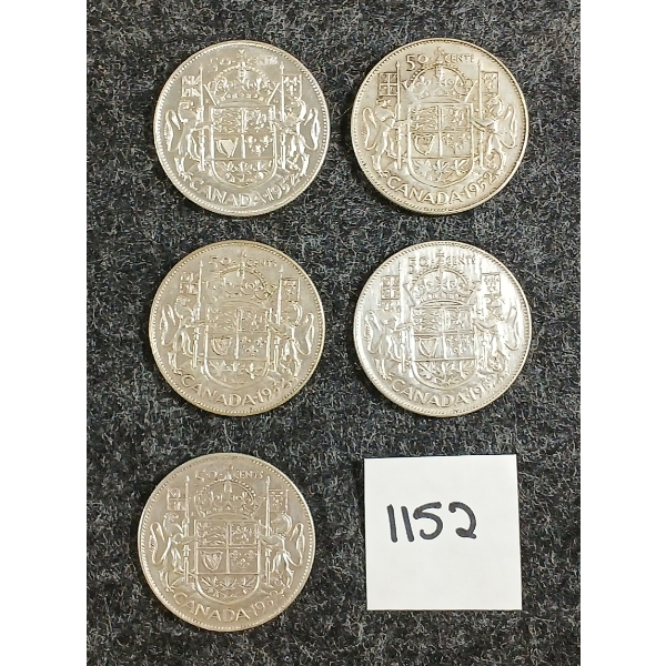 LOT OF 5 - 1952 CDN 50 CENT SILVER COINS