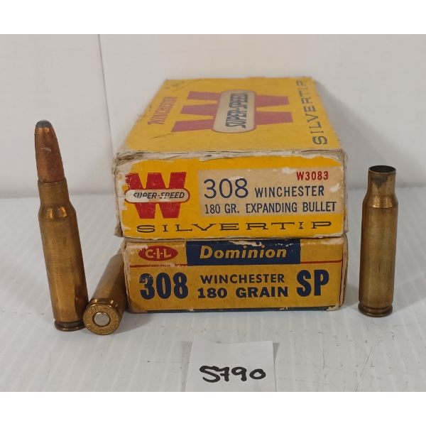 AMMO / BRASS: 34X DOMINION & WINCHESTER .308 WIN - 180GR - SILVER TIP & SP LIVE / 1X BRASS
