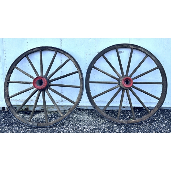 LOT OF 2 - WOOD SPOKE WHEELS W/ METAL OUTER RING