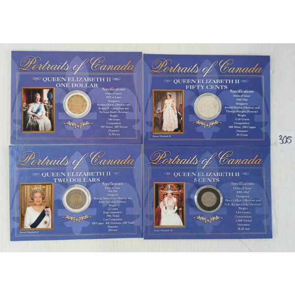 LOT OF 4 - PORTRAITS OF CANADA QUEEN ELIZABETH II $1, $2, 5 & 25 CENT COINS