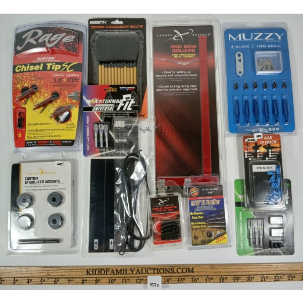 LOT OF 12 - ARCHERY - RAGE SLIPCAM BROADHEADS, STABILIZER WEIGHTS & LIGHTED NOCKS, ETC