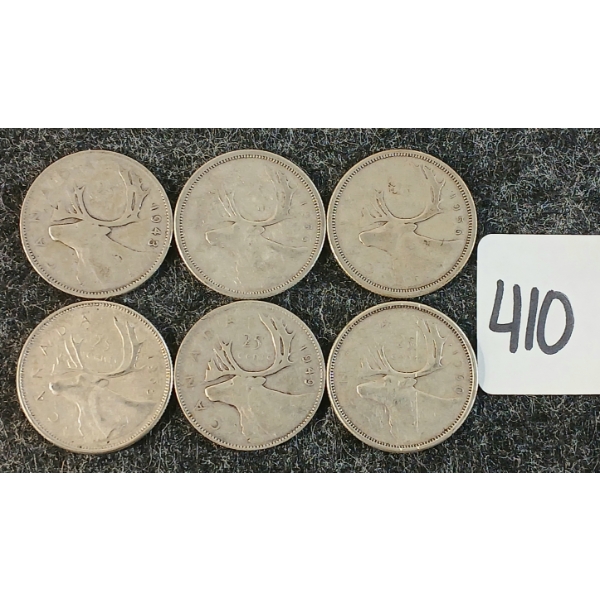 LOT OF 6 - 1943-1965 CDN 25 CENT COINS