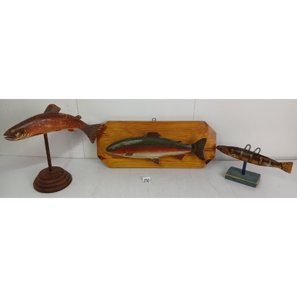 LOT OF 3 - FOLK ART WOOD FISH CARVINGS - JC HIGGINS