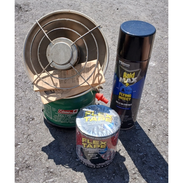 LOT OF 3 - FLEX TAPE, COLEMAN HEATER, RAID