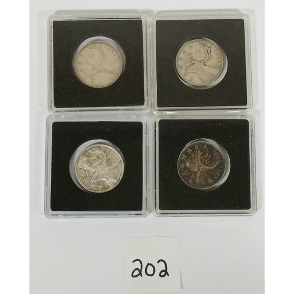 LOT OF 4 - CDN SILVER 25 CENTS - INCL 1940, '44, '47 & '48