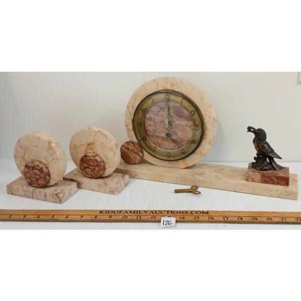 LOT OF 2 - MANTLE CLOCK W/ BOOKENDS - MARBLE - ART DECO - C. 1930-40's