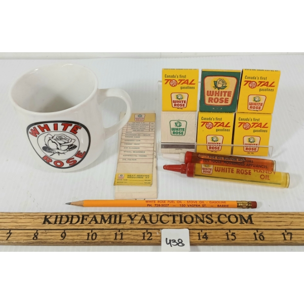LOT OF 11 - WHITE ROSE MATCHBOOKS, MUG, PENCIL, HOUSEHOLD LUBRICANTS, ETC 